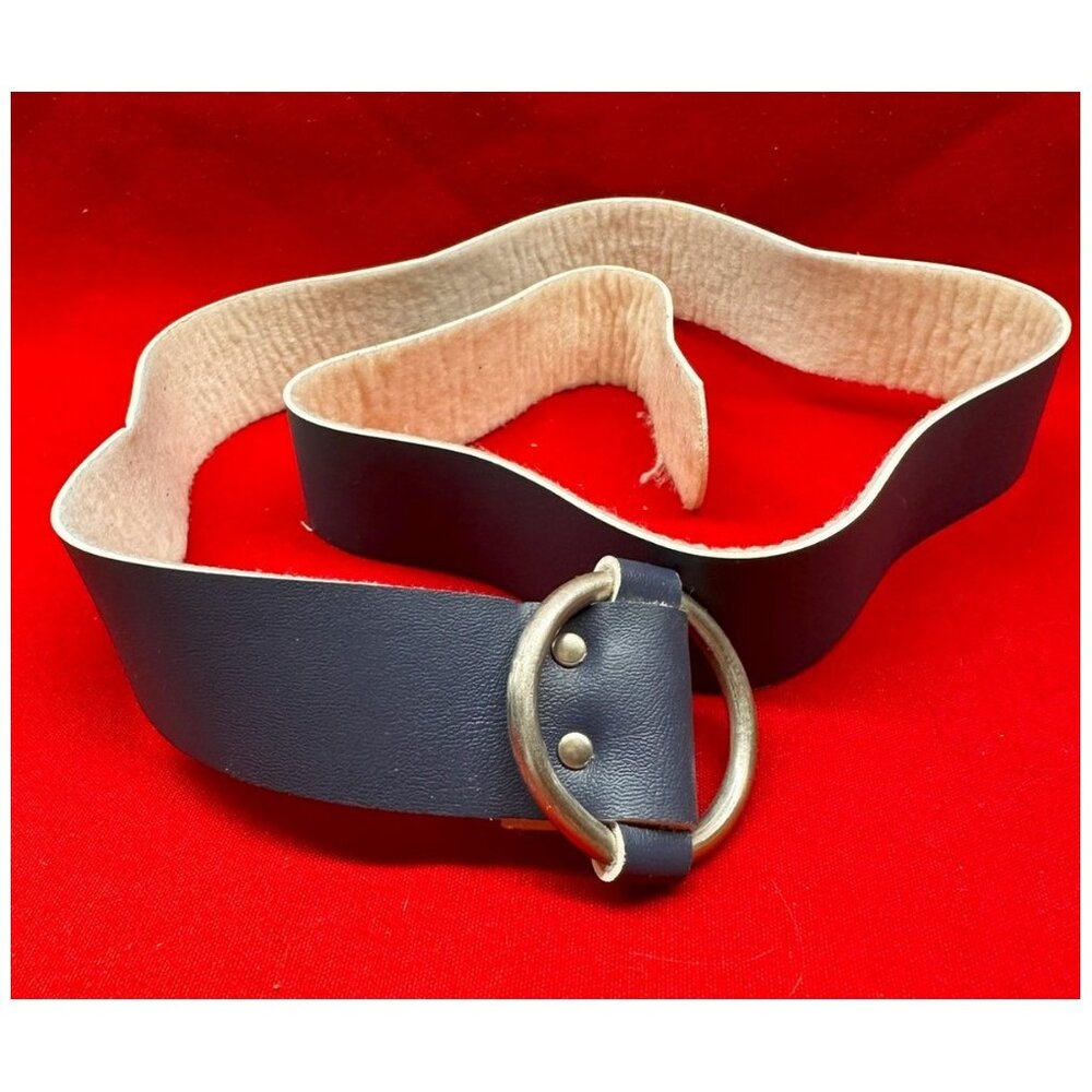 Navy Blue Leather Belt Women's Size w/ Pewter Look Buckle No ID ~34" x 1-1/8"